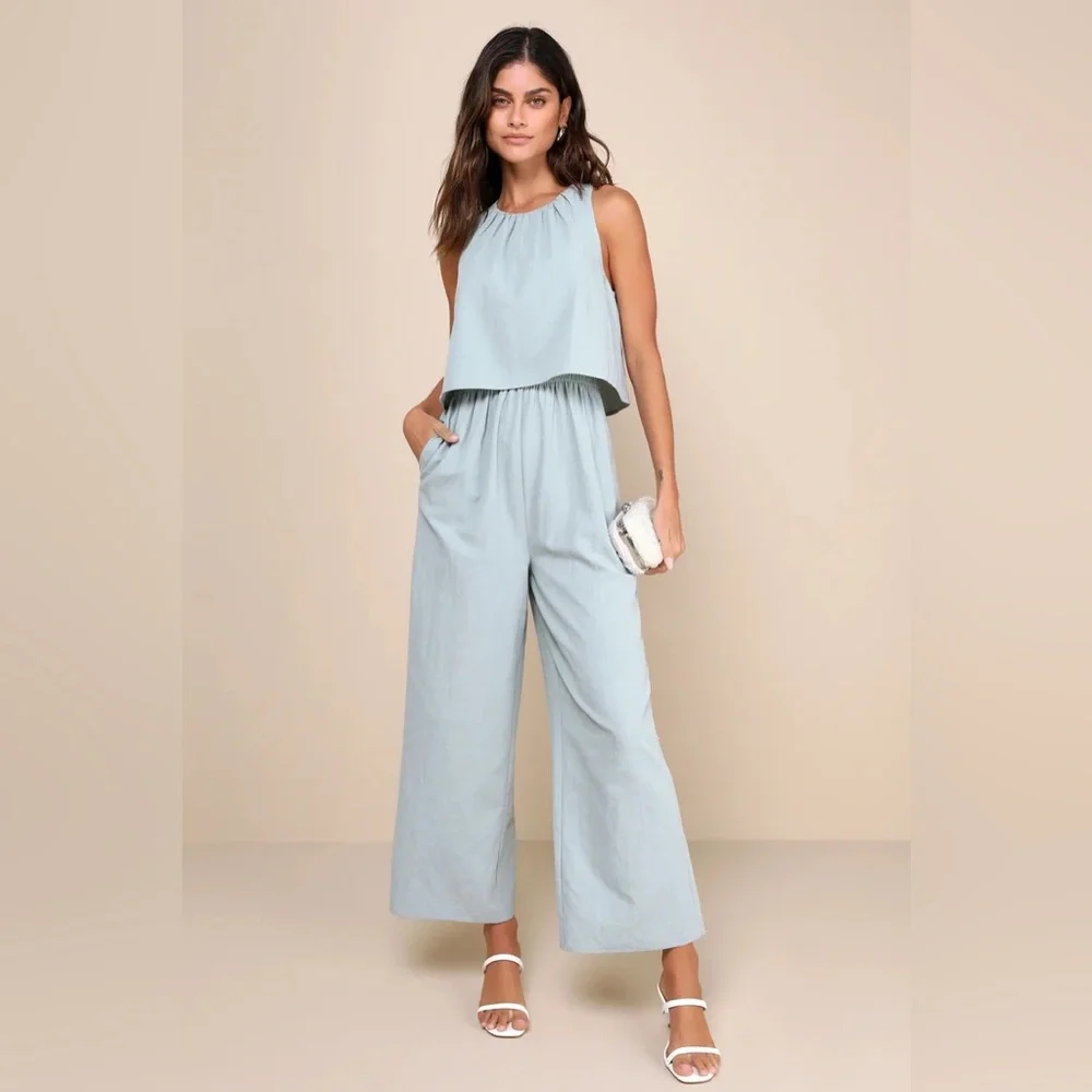 Lulus Breezy Sophistication Sage Green Textured Wide-Leg Jumpsuit new small - Picture 1 of 7